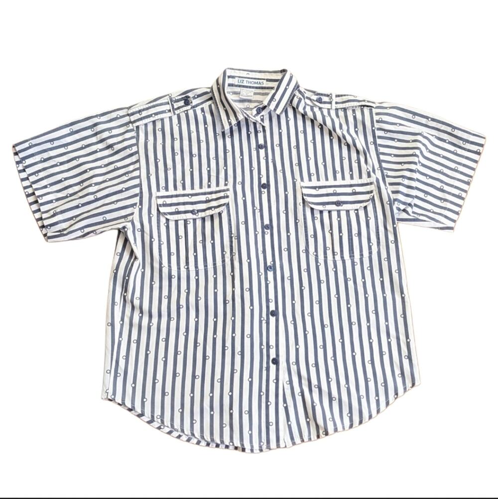 Vintage Liz Thomas Preppy Nautical Navy Stripes Button Down Summer Blouse Shirt